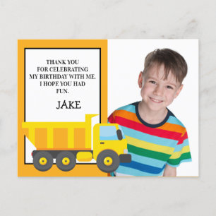 Yellow Orange Dump Truck Birthday Photo Thank You Postcard