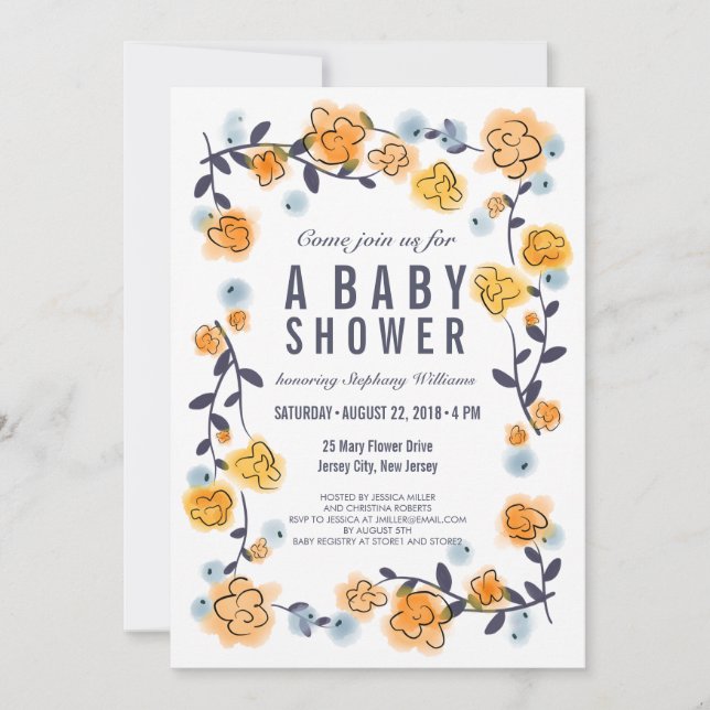 Yellow Orange Floral Baby Shower Invite Girl (Front)