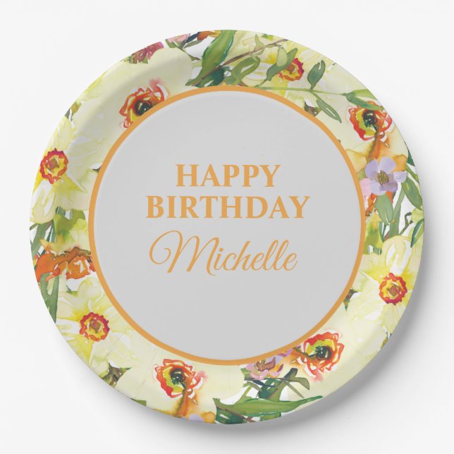 Yellow Orange Floral Birthday Party Paper Plate (Front)