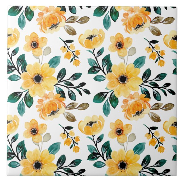 Yellow orange floral daisy pattern garden flowers tile (Front)