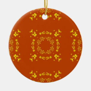 Yellow, Orange Floral Damasks Retro Pattern Ceramic Tree Decoration
