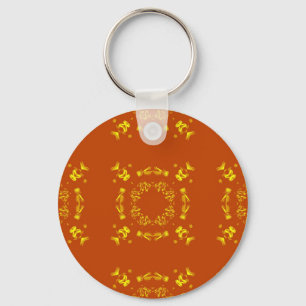 Yellow, Orange Floral Damasks Retro Pattern Key Ring