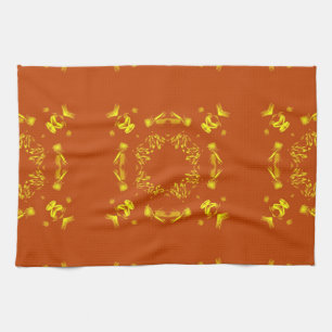 Yellow, Orange Floral Damasks Retro Pattern Tea Towel
