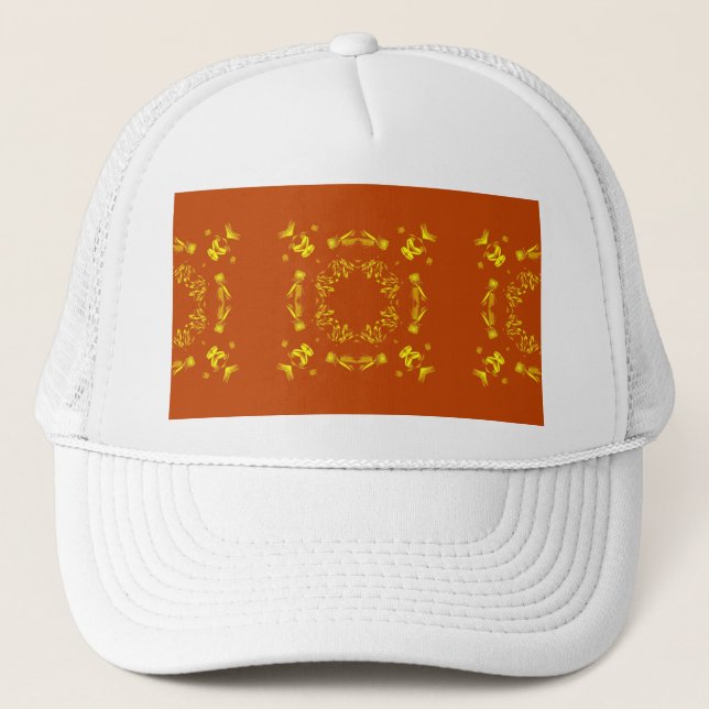 Yellow, Orange Floral Damasks Retro Pattern Trucker Hat (Front)