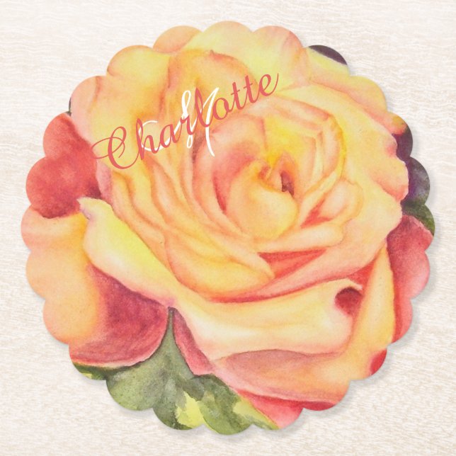 Yellow Orange Floral Paper Coaster (Front)