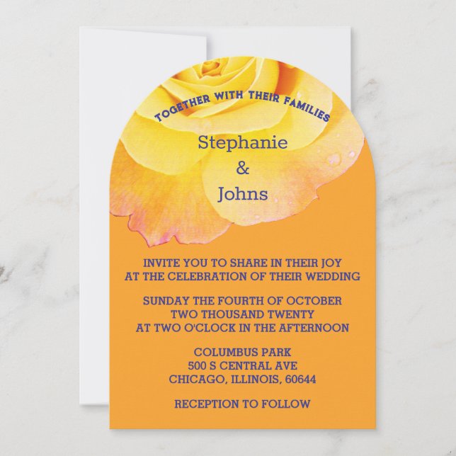 Yellow Orange Floral Rose Navy Blue Boho Wedding I Invitation (Front)