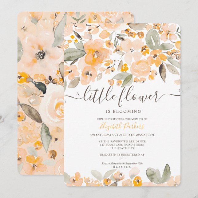 Yellow orange floral watercolor baby shower invitation (Front/Back)
