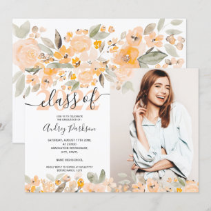 Yellow orange floral watercolor photo graduation invitation