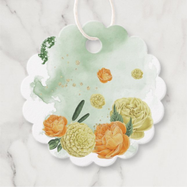 yellow orange flowers greenery favour tag (Front)