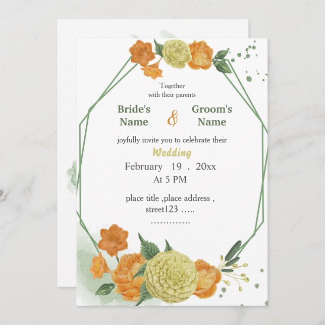 yellow & orange flowers greenery geometric wedding invitation (Front/Back)