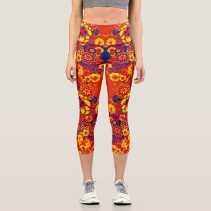 YELLOW ORANGE FLOWERS Peony,Roses Japanese Floral  Capri Leggings