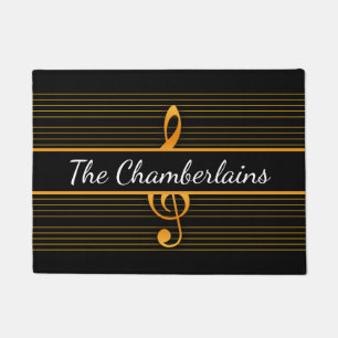 Yellow Orange Golden Treble Clef Staves on BLACK Doormat