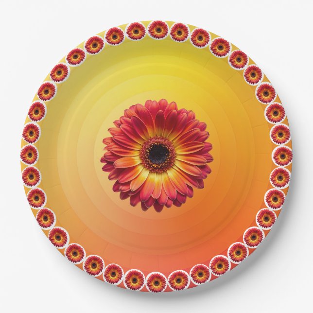 Yellow Orange Gradient Red Gerbera daisy pattern  Paper Plate (Front)