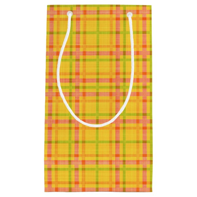 YELLOW ORANGE GREEN PINK PLAID PATTERN SMALL GIFT BAG (Front)