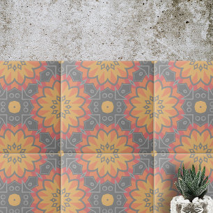 Yellow Orange Grey Geometric Ethnic Mosaic Pattern Tile
