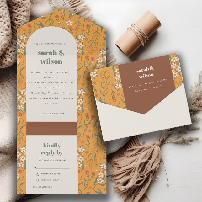 Yellow Orange Groovy Retro Arch Floral Wedding All In One Invitation (Creator Uploaded)