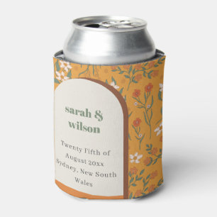 Yellow Orange Groovy Retro Arch Floral Wedding Can Cooler