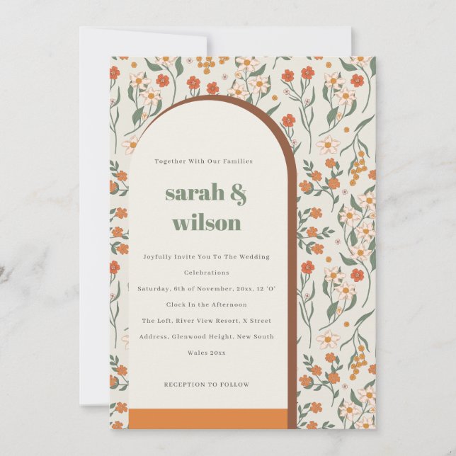 Yellow Orange Groovy Retro Arch Floral Wedding Invitation (Front)
