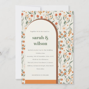 Yellow Orange Groovy Retro Arch Floral Wedding Invitation