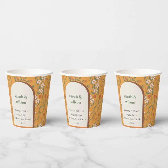 Yellow Orange Groovy Retro Arch Floral Wedding Paper Cups (Multi)