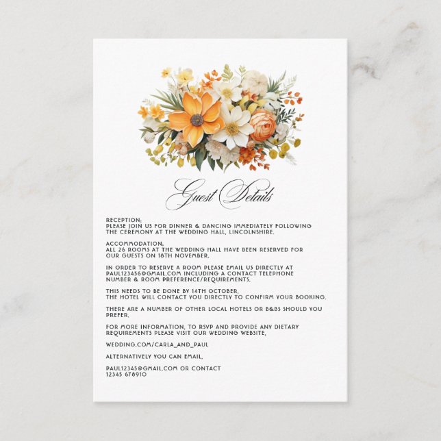 Yellow Orange & Ivory Floral Wedding Guest Details Enclosure Card (Front)