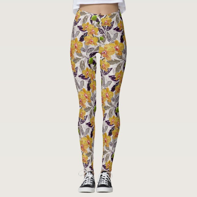 Yellow orange orchids.  leggings (Front)