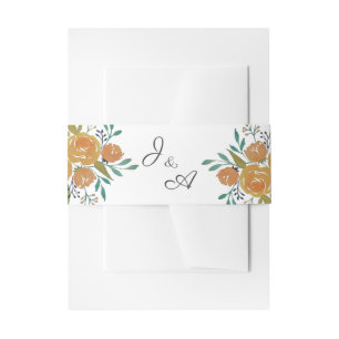 Yellow Orange Peonies and Roses Monogram Wedding Invitation Belly Band