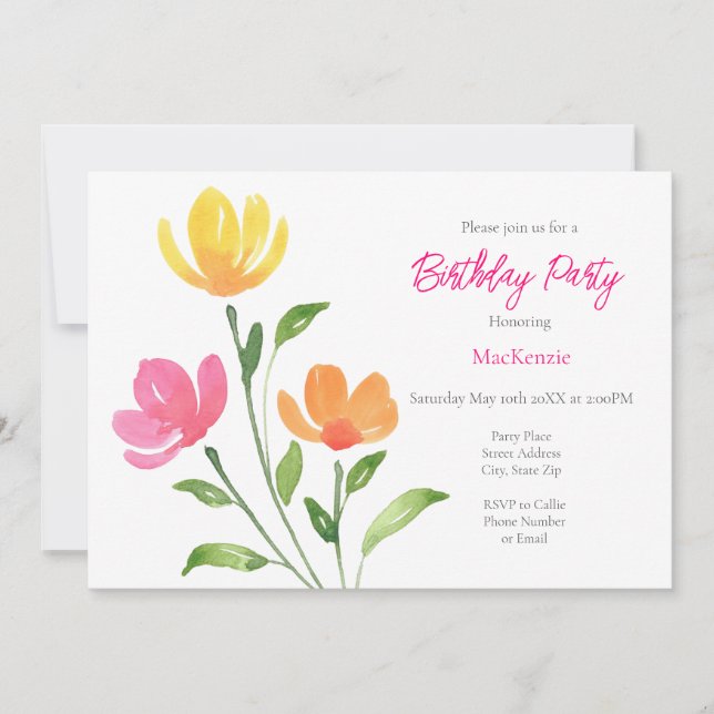 Yellow Orange Pink Watercolor Floral Stems Invitation (Front)