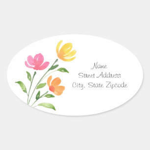 Yellow, Orange, Pink Watercolor Floral Stems Oval Sticker