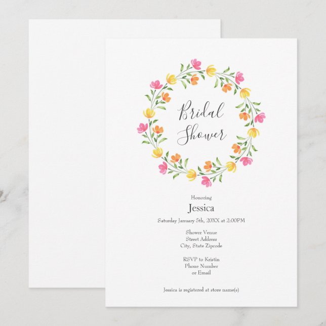 Yellow, Orange, Pink Watercolor Floral Wreath   Invitation (Front/Back)