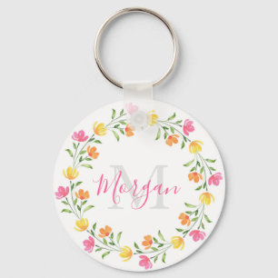 Yellow Orange Pink Watercolor Floral Wreath Key Ring