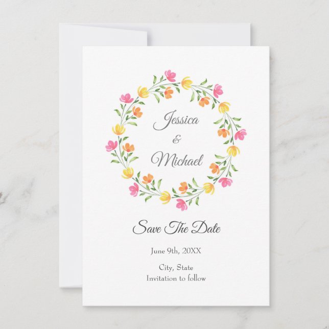Yellow, Orange, Pink Watercolor Floral Wreath   Save The Date (Front)