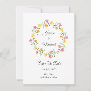 Yellow, Orange, Pink Watercolor Floral Wreath Save The Date
