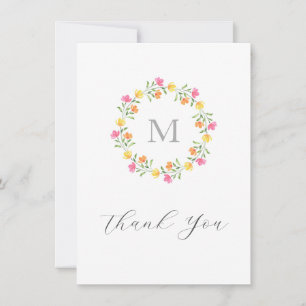Yellow, Orange, Pink Watercolor Floral Wreath Thank You Card