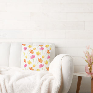 Yellow Orange Pink Watercolor Flower Pattern Cushion