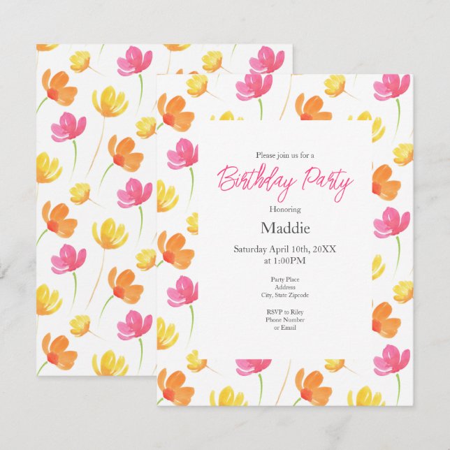 Yellow Orange Pink Watercolor Flower Pattern Invitation (Front/Back)