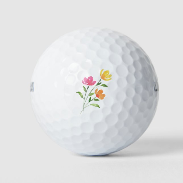 Yellow Orange Pink Watercolor Flower Stems Golf Balls (Front)