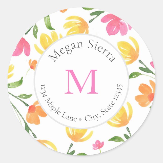 Yellow Orange Pink Watercolor Flower Stems labels (Front)
