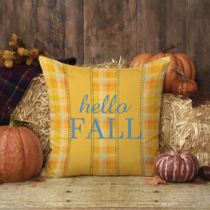 Yellow Orange Plaid Gingham Family Name Hello Fall Cushion