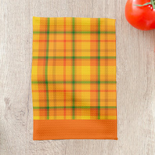 Yellow Orange Plaid Pattern Orange Borders Tea Towel