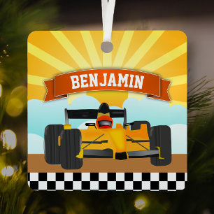 Yellow Orange Race Car Personalised Name Kids Room Metal Tree Decoration