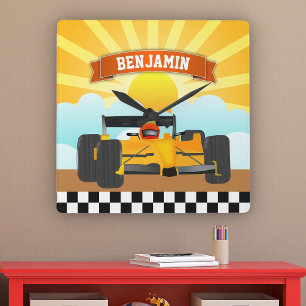 Yellow Orange Race Car Personalised Name Kids Room Square Wall Clock