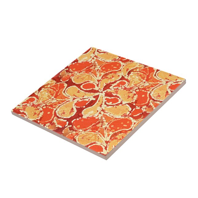 Yellow Orange Red Bali Batik Style Paisley Pattern Tile (Side)