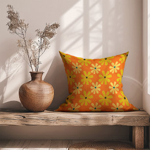 Yellow Orange Retro 70s Daisies Pattern Cushion