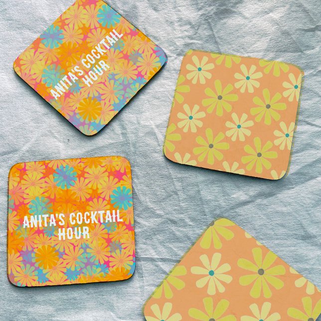 Yellow Orange Retro 70s Daisies Pattern Stone Coaster (Creator Uploaded)