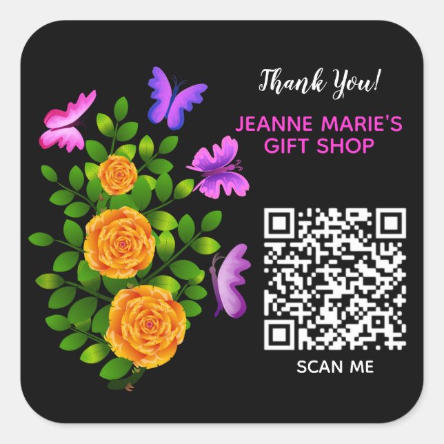 Yellow Orange Rose Flower Thank You QR Code Square Sticker (Front)