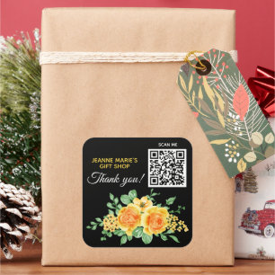 Yellow Orange Rose Flower Thank You QR Code Square Sticker