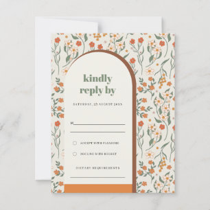 Yellow Orange Rust Groovy Retro Arch Flora Wedding RSVP Card