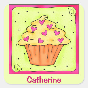 Yellow Orange Sweet Heart Art Cupcake Personalised Square Sticker
