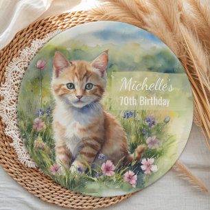Yellow Orange Tabby Kitten Cat 70th Birthday Paper Plate